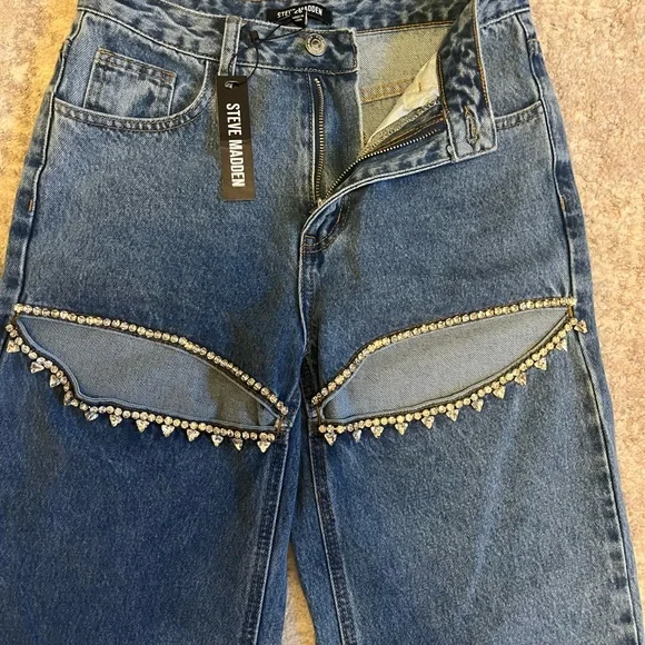 Steve Madden Taylor Jean - Blue Straight Leg Jeans with Beaded Detail - Picture 8 of 10